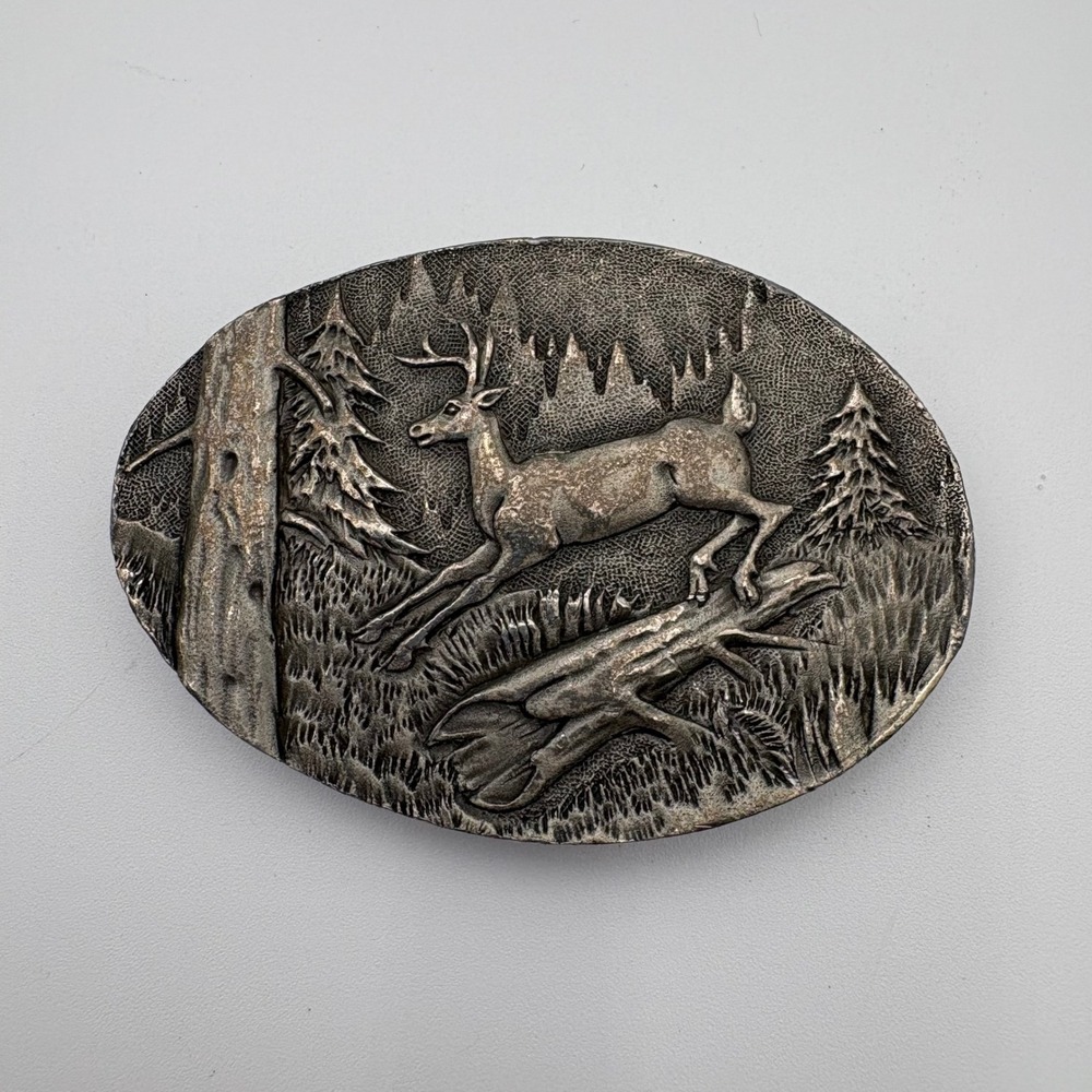Vintage Indiana‎ Metal Craft Belt Buckle Deer Forest Scene 1980 G297